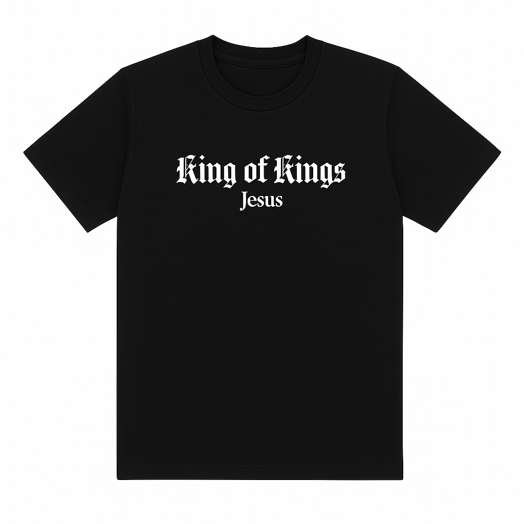 Black t-shirt with 'King of Kings Jesus' text on a white background