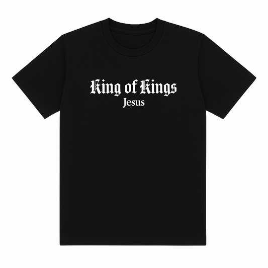 Black t-shirt with 'King of Kings Jesus' text on a white background