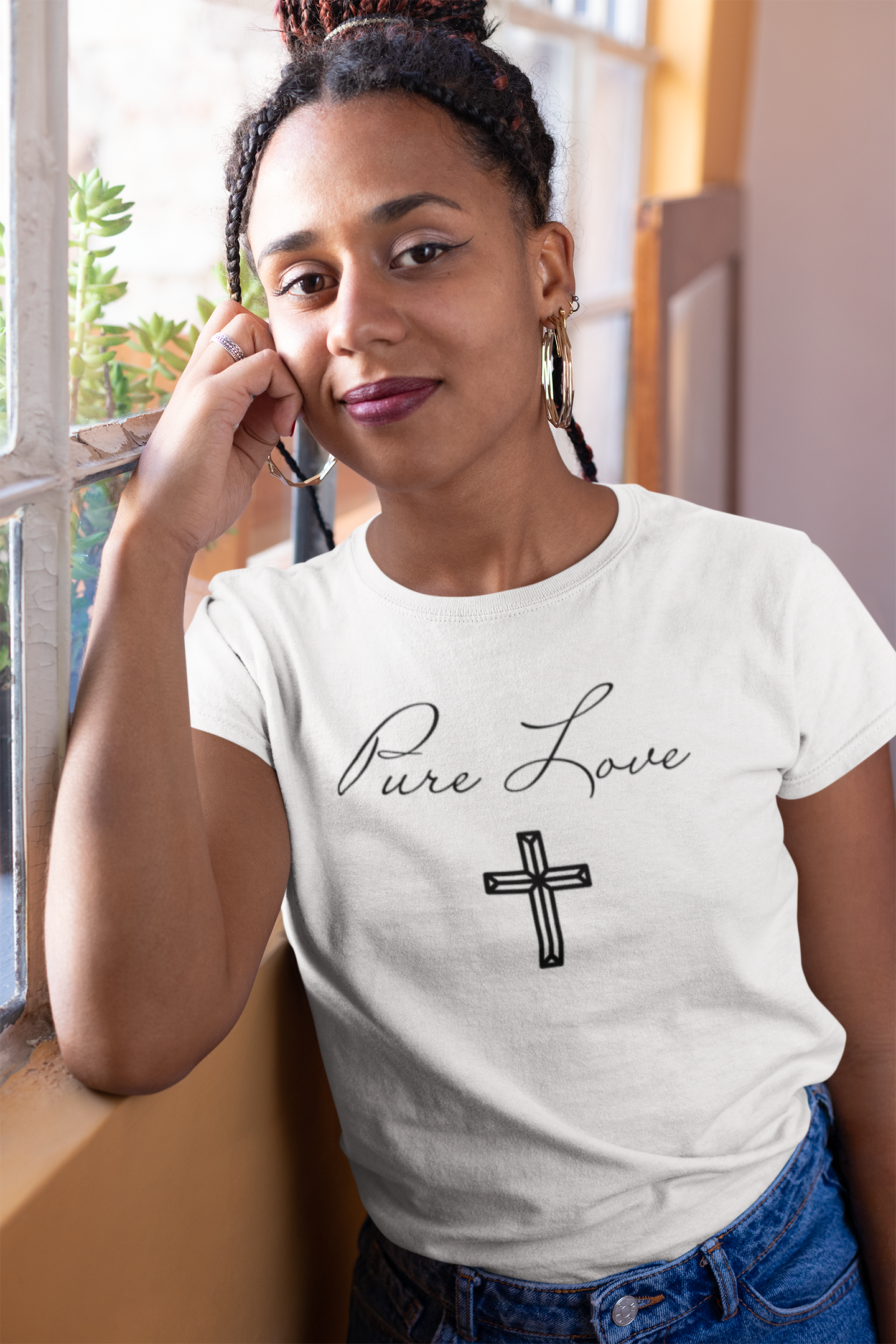 Pure Love script with Cross Black Ink on White tshirt